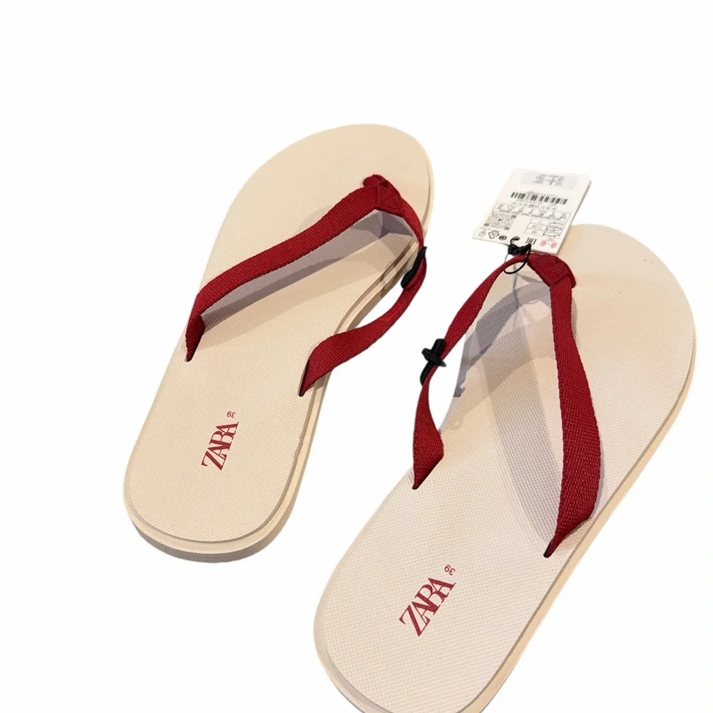 ZARA Red Strap Cream Footbed Women's Sandals - Picture 1 of 5